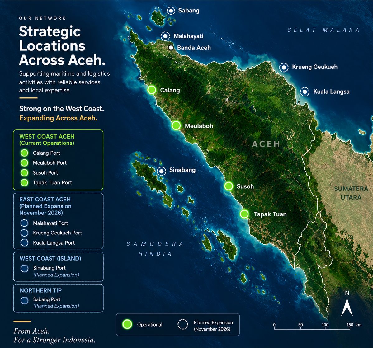 Strategic network across Aceh: four operational West Coast ports and separately marked planned locations